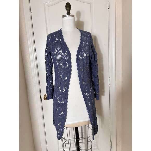 90s Vibes Long Crochet Duster Periwinkle Blue Approximate Women’s Size Small - Picture 1 of 9